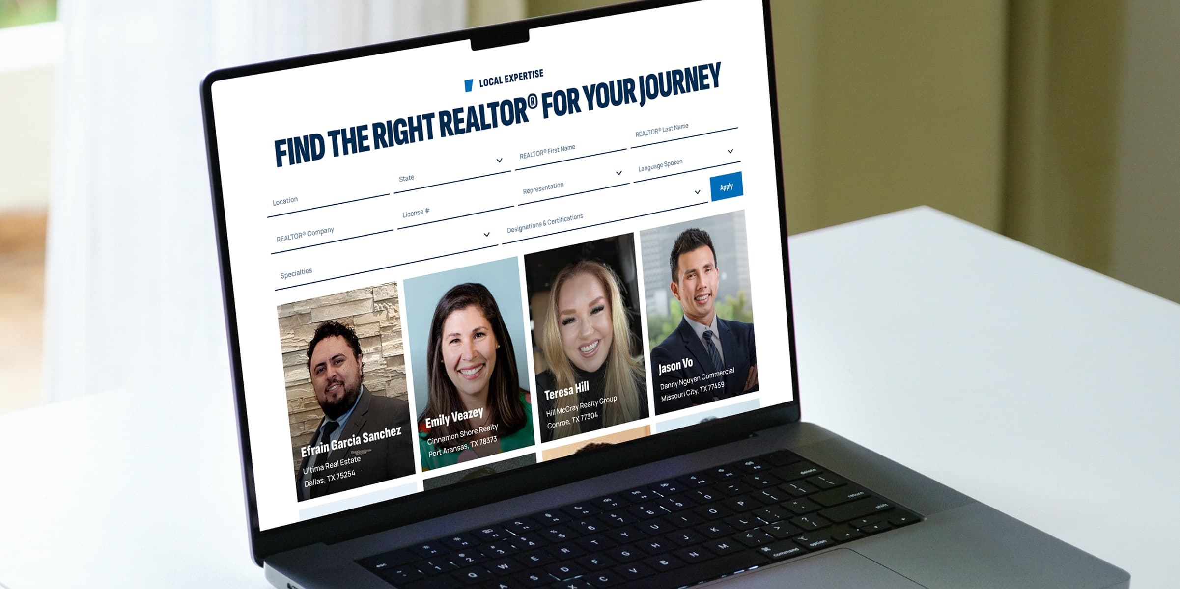 Laptop showing the Texas REALTORS® directory — find-a-REALTOR® search filters above member profile cards