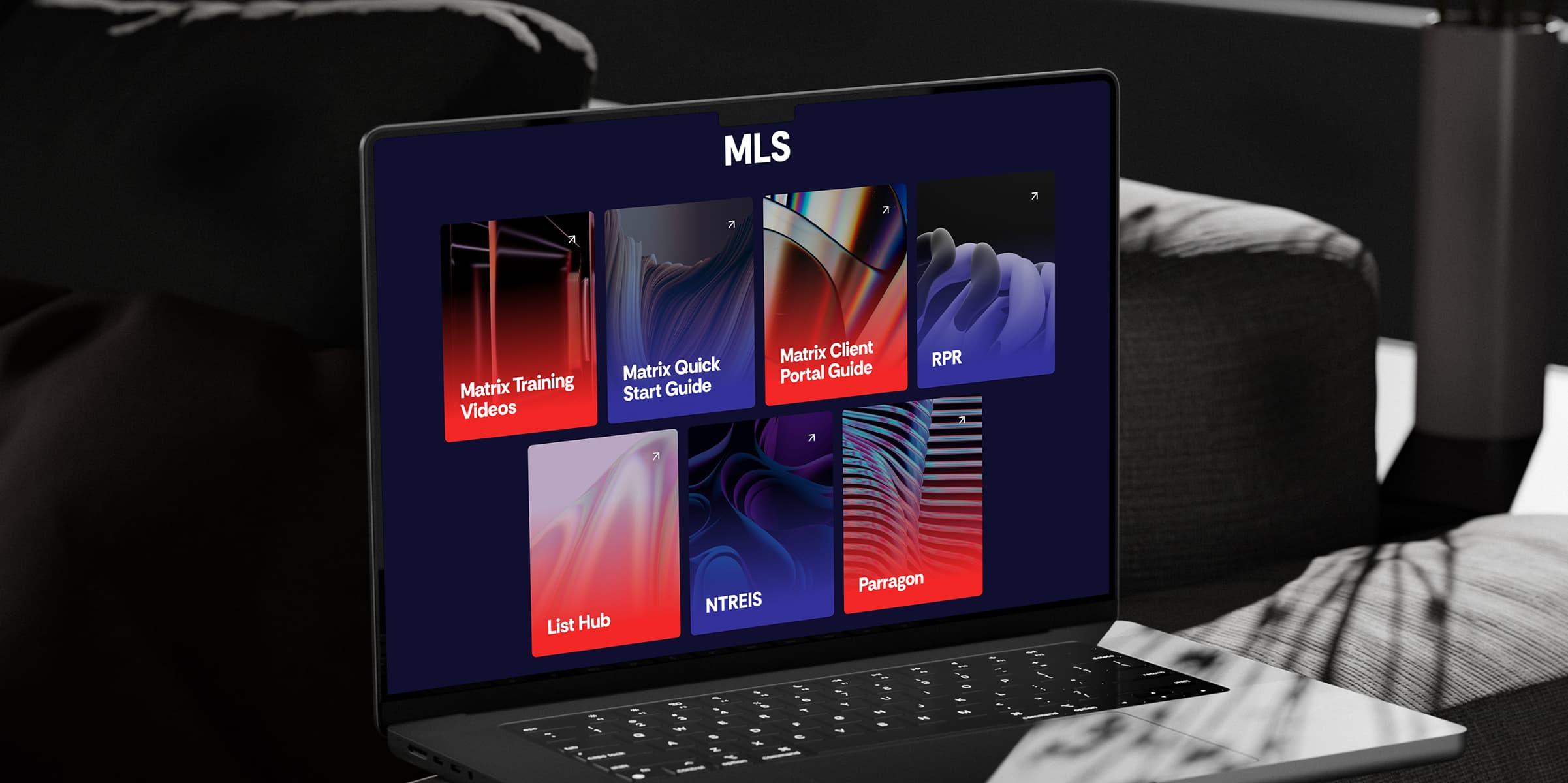 Laptop showing the Abilene MLS resources page with tiles linking Matrix guides, RPR, List Hub and NTREIS