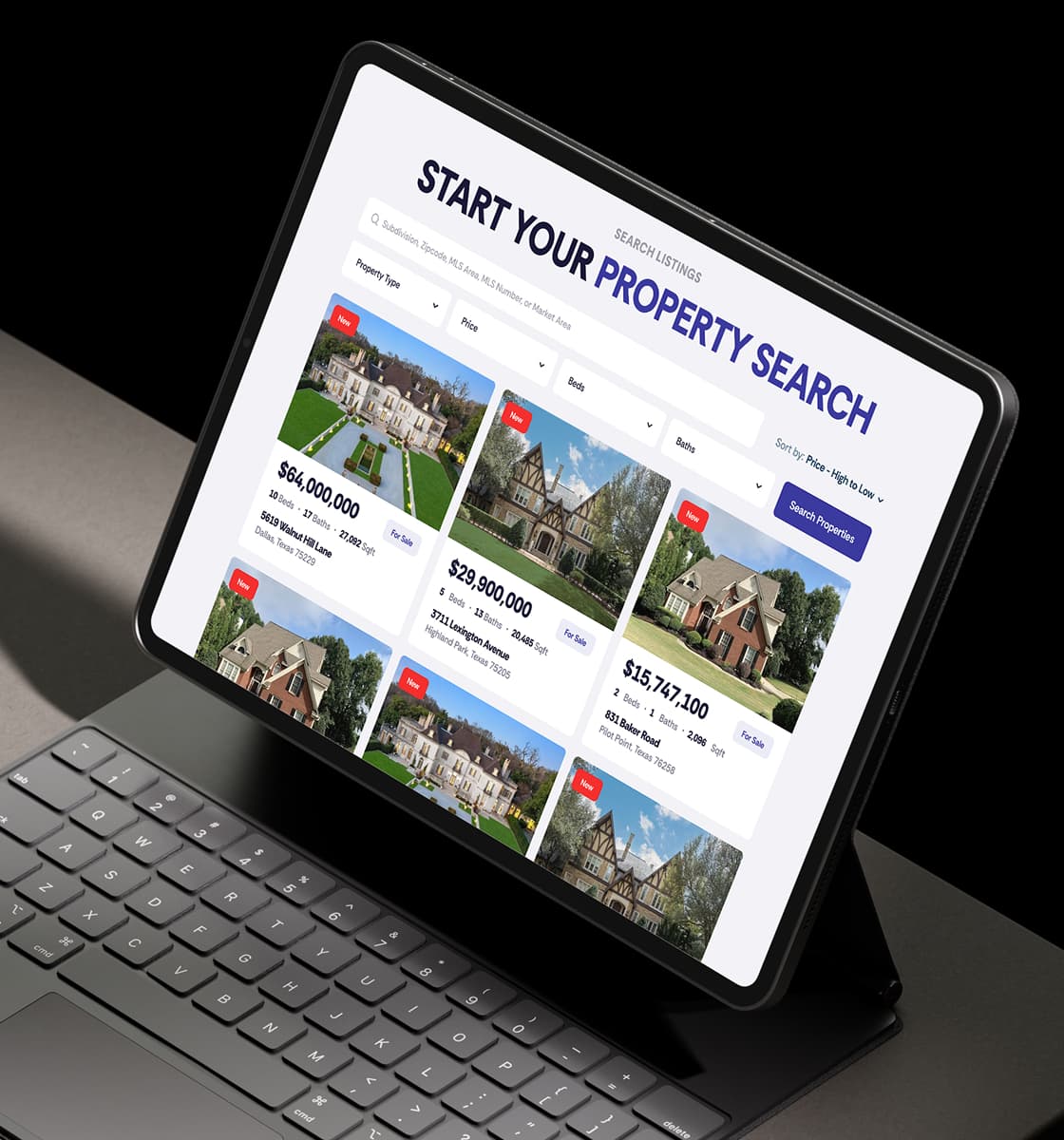 Tablet showing the Abilene property search page with filter dropdowns and listing cards