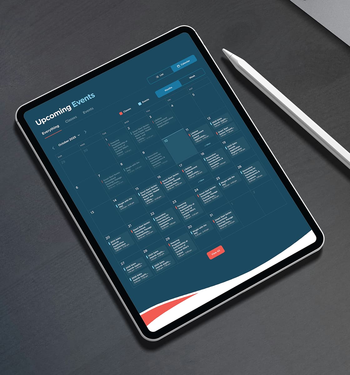 Tablet showing the Columbus REALTORS® upcoming events calendar of classes and events