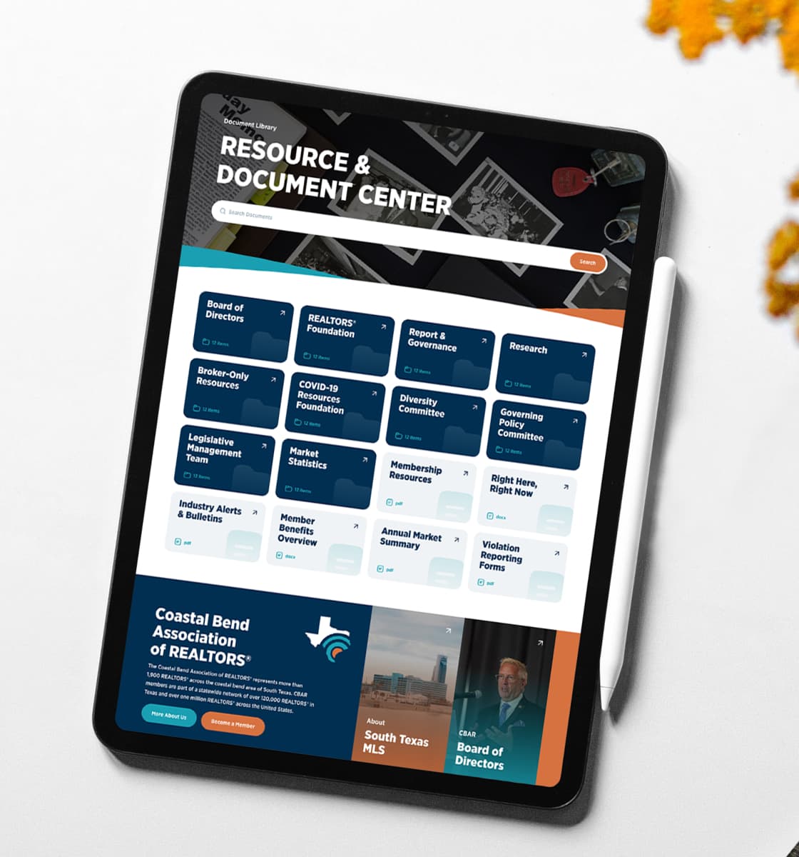 Tablet showing the Coastal Bend resource and document center — a grid of document category cards