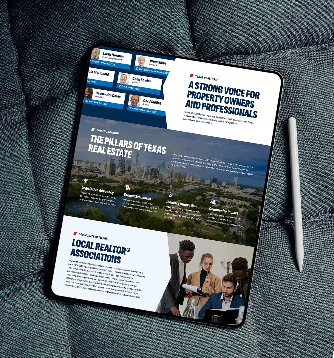 Tablet showing Texas REALTORS® pages — award winners, advocacy and local association sections