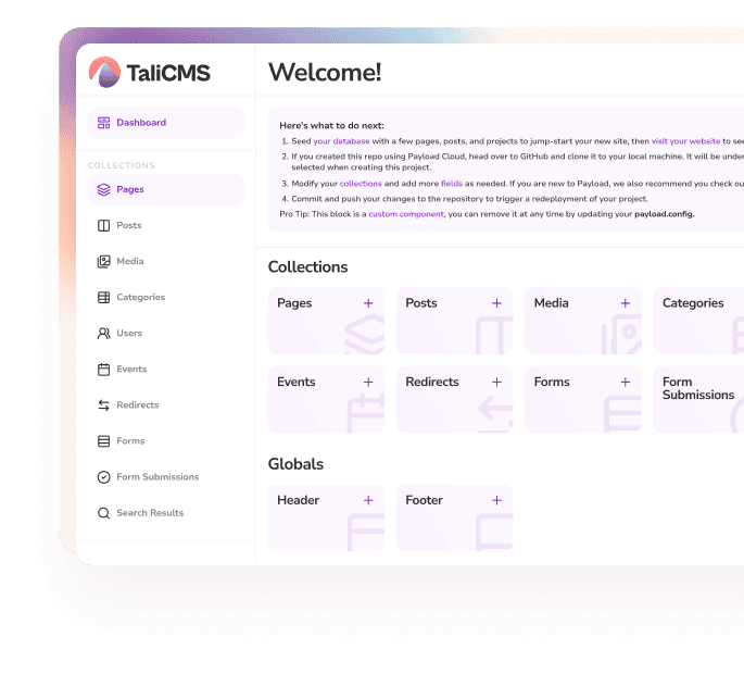 The TaliCMS admin dashboard: a Welcome panel with quick-start steps and one-click access to Pages, Posts, Media, Categories and Events collections.